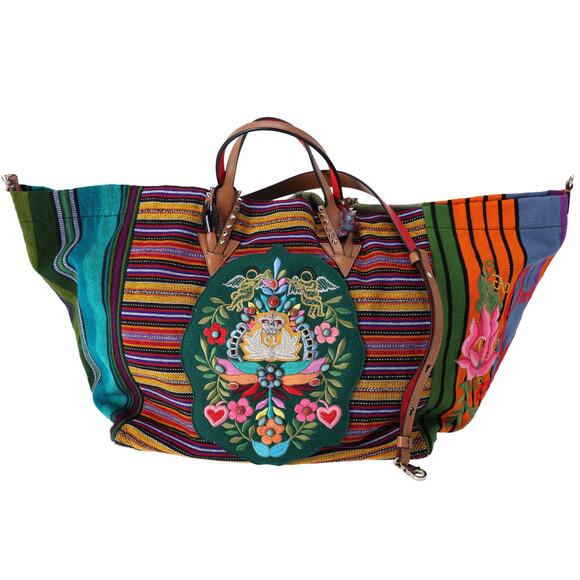 Christian Louboutin Mexicaba Tote Bag Green Orange Multi Jacquard Felt Leather - Picture 1 of 9